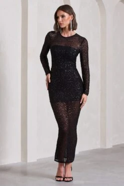 Elenora | Black Sheer Embellished Bodycon Long-Sleeve Maxi Dress -ENY Clothing Shop WB CL130034002 ElenoraBlackSheerEmbellishedBodyconLong SleeveMaxiDress3