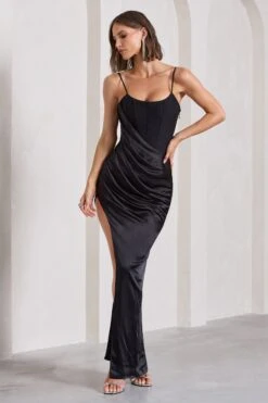 In Attendance | Black Satin Draped Corset Split Maxi Dress 11 In Attendance | Black Satin Draped Corset Split Maxi Dress -ENY Clothing Shop WB CL130051002 InAttendanceBlackSatinDrapedCorsetSplitMaxiDress5