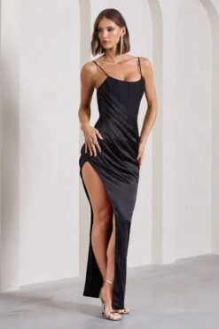 In Attendance | Black Satin Draped Corset Split Maxi Dress 13 In Attendance | Black Satin Draped Corset Split Maxi Dress -ENY Clothing Shop WB CL130051002 InAttendanceBlackSatinDrapedCorsetSplitMaxiDress7