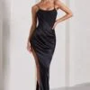 In Attendance | Black Satin Draped Corset Split Maxi Dress
