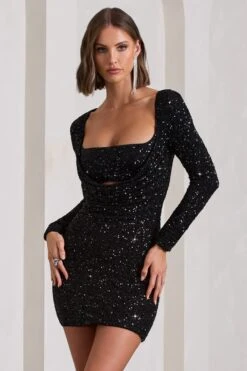 Pure Intentions | Black Sequin Long-Sleeve Cowl Mini Dress -ENY Clothing Shop WB CL130052002 PureIntentionsBlackSequinLong SleeveCowlMiniDress1