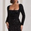 Pure Intentions | Black Sequin Long-Sleeve Cowl Mini Dress -ENY Clothing Shop WB CL130052002 PureIntentionsBlackSequinLong SleeveCowlMiniDress3