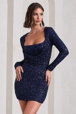 Pure Intentions | Blue Sequin Long-Sleeve Cowl Mini Dress 12 Pure Intentions | Blue Sequin Long-Sleeve Cowl Mini Dress -ENY Clothing Shop WB CL130052104 PureIntentionsBlueSequinLong SleeveCowlMiniDress3