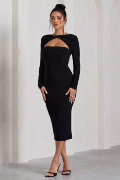 Disconnect | Black Bodycon Twist Neck Midi Dress With Strappy Back -ENY Clothing Shop WB CL130053002 DisconnectBlackBodyconTwistNeckMidiDressWithStrappyBack2