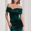 Snowdrop | Bottle Green Velvet Bardot Wrap Mini Dress 2 Snowdrop | Bottle Green Velvet Bardot Wrap Mini Dress -ENY Clothing Shop WB CL130060047 SnowdropBottleGreenVelvetBardotWrapMiniDress10