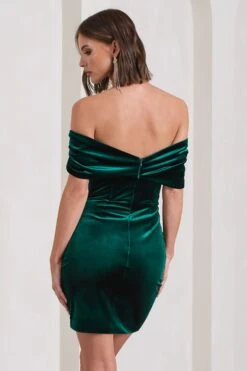 Snowdrop | Bottle Green Velvet Bardot Wrap Mini Dress -ENY Clothing Shop WB CL130060047 SnowdropBottleGreenVelvetBardotWrapMiniDress17