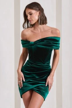 Snowdrop | Bottle Green Velvet Bardot Wrap Mini Dress -ENY Clothing Shop WB CL130060047 SnowdropBottleGreenVelvetBardotWrapMiniDress2