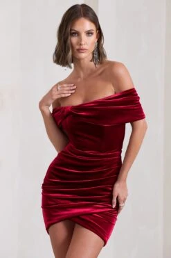 Snowdrop | Berry Velvet Bardot Wrap Mini Dress -ENY Clothing Shop WB CL130060064 SnowdropBerryVelvetBardotWrapMiniDress12