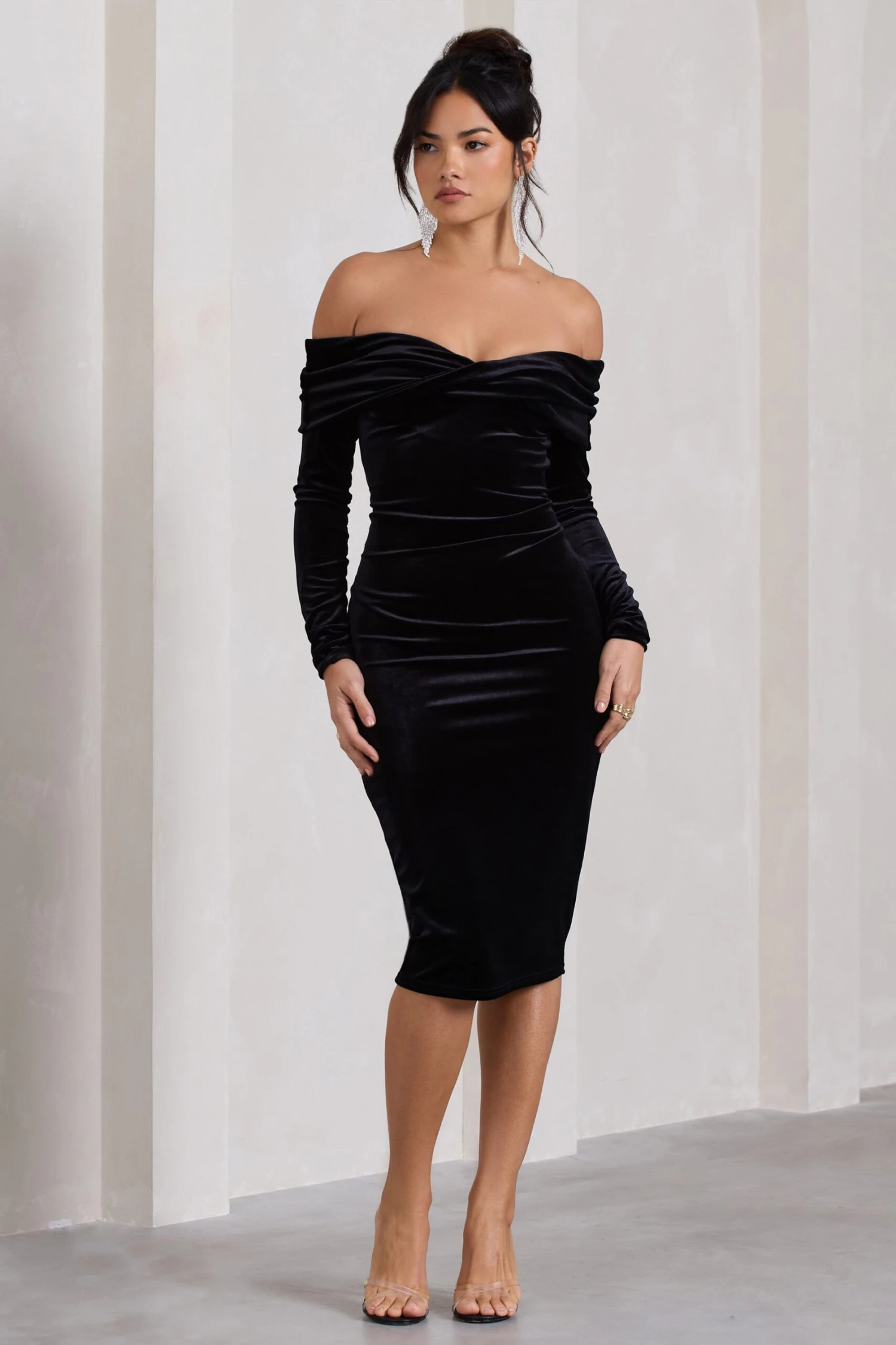 Compliment | Black Velvet Bardot Midi Dress 3 Compliment | Black Velvet Bardot Midi Dress