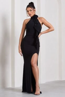 Wanderer | Black Ruched Halter-Neck Split Maxi Dress With Flower -ENY Clothing Shop WB CL130063002 WandererBlackRuchedHalter NeckSplitMaxiDressWithFlower1