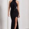 Wanderer | Black Ruched Halter-Neck Split Maxi Dress With Flower -ENY Clothing Shop WB CL130063002 WandererBlackRuchedHalter NeckSplitMaxiDressWithFlower2