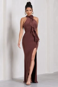Wanderer | Chocolate Brown Ruched Halter-Neck Split Maxi Dress With Flower -ENY Clothing Shop WB CL130063038 WandererChocolateBrownRuchedHalter NeckSplitMaxiDressWithFlower4