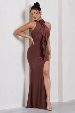Wanderer | Chocolate Brown Ruched Halter-Neck Split Maxi Dress With Flower -ENY Clothing Shop WB CL130063038 WandererChocolateBrownRuchedHalter NeckSplitMaxiDressWithFlower5
