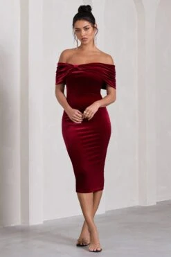 Snowflake | Berry Velvet Bardot Bow Detail Midi Dress -ENY Clothing Shop WB CL130064037 SnowflakeBerryVelvetBardotBowDetailMidiDress0