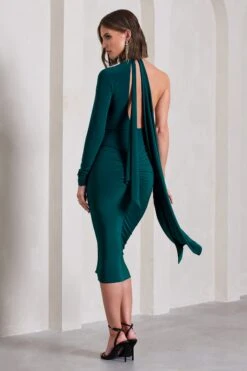 Liz | Bottle Green Asymmetric Halter-Neck Open-Back Midi Dress With Sash -ENY Clothing Shop WB CL130071047 LizBottleGreenAsymmetricHalter NeckOpen BackMidiDressWithSash9copy
