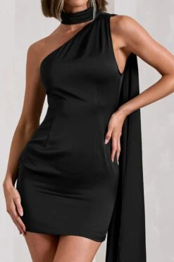 Natalie | Black Satin Asymmetric Mini Dress With Scarf Detail -ENY Clothing Shop WB CL130073002 NatalieBlackSatinAsymmetricMiniDressWithScarfDetail1copy