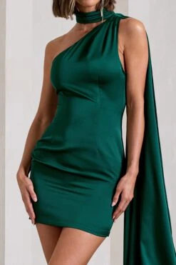 Natalie | Bottle Green Satin Asymmetric Mini Dress With Scarf Detail -ENY Clothing Shop WB CL130073047 NatalieBottleGreenSatinAsymmetricMiniDressWithScarfDetail3copy