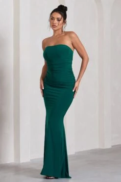 Wren | Bottle Green Ruched Bandeau Maxi Dress -ENY Clothing Shop WB CL130074047 WrenBottleGreenRuchedBandeauMaxiDress2