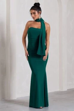 Wren | Bottle Green Ruched Bandeau Maxi Dress -ENY Clothing Shop WB CL130075047 WrappedBottleGreenMultiwayScarf0