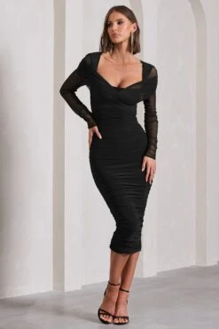 Between The Lines | Black Ruched Mesh Long-Sleeved Bodycon Midi Dress -ENY Clothing Shop WB CL130077002 BetweenTheLines BlackRuchedMeshLong SleevedBodyconMidiDressBLACK1