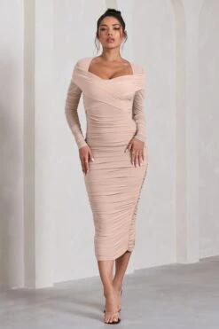 Between The Lines | Nude Ruched Mesh Long-Sleeved Bodycon Midi Dress -ENY Clothing Shop WB CL130077059 BetweenTheLinesNudeRuchedMeshLong SleevedBodyconMidiDress2