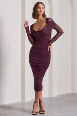 Between The Lines | Plum Ruched Mesh Long-Sleeved Bodycon Midi Dress -ENY Clothing Shop WB CL130077101 BetweenTheLinesPlumRuchedMeshLong SleevedBodyconMidiDress3