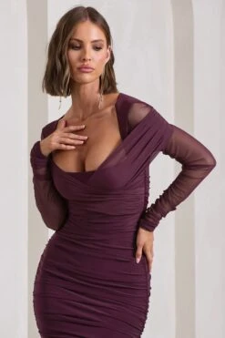 Between The Lines | Plum Ruched Mesh Long-Sleeved Bodycon Midi Dress -ENY Clothing Shop WB CL130077101 BetweenTheLinesPlumRuchedMeshLong SleevedBodyconMidiDress8