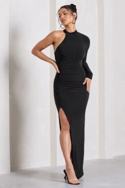 Alina | Black Ruched High-Neck Asymmetric Split Maxi Dress 11 Alina | Black Ruched High-Neck Asymmetric Split Maxi Dress -ENY Clothing Shop WB CL132000002 AlinaBlackRuchedHigh NeckAsymmetricSplitMaxiDress1