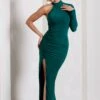 Alina | Bottle Green Ruched High-Neck Asymmetric Split Maxi Dress -ENY Clothing Shop WB CL132000047 AlinaBottleGreenRuchedHigh NeckAsymmetricSplitMaxiDress3