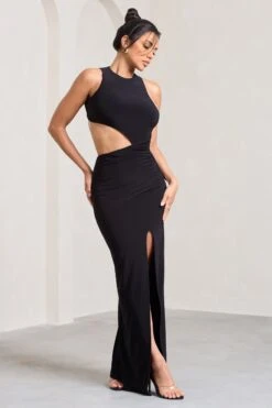 Ashley | Black Asymmetric Sleeveless Cut-Out Split Maxi Dress -ENY Clothing Shop WB CL132001002 AshleyBlackAsymmetricSleevelessCut OutSplitMaxiDress3