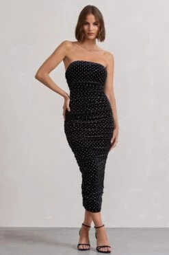In A Daze | Black Bodycon Embellished Strapless Midi Dress