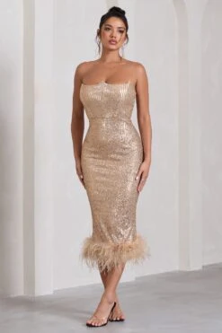 Cherie | Champagne Sequin Corset Midi Dress With Feather Trim -ENY Clothing Shop WB CL132017059 CherieChampagneSequinCorsetMidiDressWithFeatherTrim1