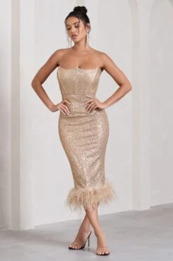 Cherie | Champagne Sequin Corset Midi Dress With Feather Trim -ENY Clothing Shop WB CL132017059 CherieChampagneSequinCorsetMidiDressWithFeatherTrim3