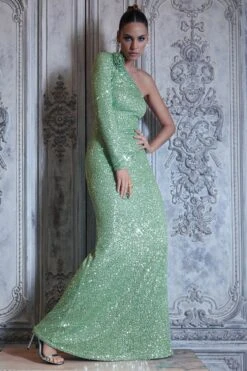 Love Language | Mint Green Sequin Asymmetric Maxi Dress With Corsage -ENY Clothing Shop WB CL132023003 HERO
