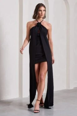 Enigmatic | Black Halter-Neck Draped Mini Dress With Floral Corsage -ENY Clothing Shop WB CL132033002 EnigmaticBlackHalter NeckDrapedMiniDressWithFloralCorsage6 d6f72e9b 047c 4208 9d4e f4d62a765a78