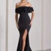 Amanza | Black Bardot Split Fishtail Maxi Dress With Flowers -ENY Clothing Shop WB CL132040002 AmanzaBlackBardotSplitFishtailMaxiDressWithFlowers1