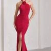 Holly | Red Ruched Halter-Neck Split Fishtail Maxi Dress -ENY Clothing Shop WB CL132041004 HollyRedRuchedHalter NeckSplitFishtailMaxiDress1