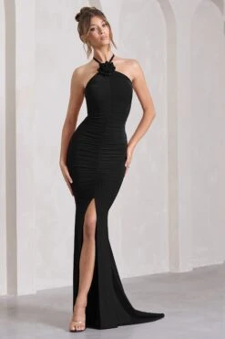 Holly | Black Ruched Halter-Neck Split Fishtail Maxi Dress -ENY Clothing Shop WB CL132041004 HollyRedRuchedHalter NeckSplitFishtailMaxiDress1 4bc7b0ad 5d92 484d 8d07 939e7e745909