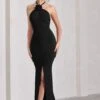 Holly | Black Ruched Halter-Neck Split Fishtail Maxi Dress -ENY Clothing Shop WB CL132041004 HollyRedRuchedHalter NeckSplitFishtailMaxiDress2 7ed544d1 2278 47e5 b8d0 b12bcbd8ae0d