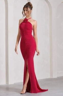 Holly | Red Ruched Halter-Neck Split Fishtail Maxi Dress 11 Holly | Red Ruched Halter-Neck Split Fishtail Maxi Dress -ENY Clothing Shop WB CL132041004 HollyRedRuchedHalter NeckSplitFishtailMaxiDress4
