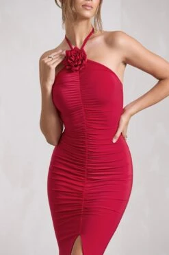 Holly | Red Ruched Halter-Neck Split Fishtail Maxi Dress 9 Holly | Red Ruched Halter-Neck Split Fishtail Maxi Dress -ENY Clothing Shop WB CL132041004 HollyRedRuchedHalter NeckSplitFishtailMaxiDress6