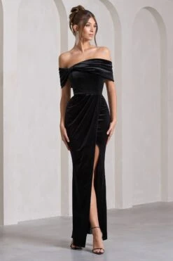 Blessing | Black Velvet Bardot Wrap Maxi Dress -ENY Clothing Shop WB CL132044003 BlessingBlackVelvetBardotWrapMaxiDress3