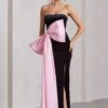 Best Wishes | Black Velvet Bandeau Split Maxi Dress With Oversized Pink Bow -ENY Clothing Shop WB CL132047002 BestWishesBlackVelvetBandeauSplitMaxiDressWithOversizedPinkBow3