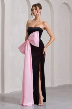 Best Wishes | Black Velvet Bandeau Split Maxi Dress With Oversized Pink Bow -ENY Clothing Shop WB CL132047002 BestWishesBlackVelvetBandeauSplitMaxiDressWithOversizedPinkBow5