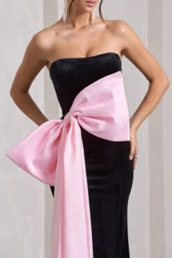 Best Wishes | Black Velvet Bandeau Split Maxi Dress With Oversized Pink Bow -ENY Clothing Shop WB CL132047002 BestWishesBlackVelvetBandeauSplitMaxiDressWithOversizedPinkBow6
