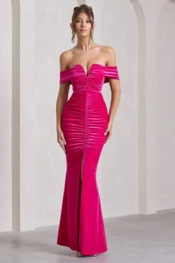 Divinity | Dark Pink Ruched Velvet Bardot Split Maxi Dress -ENY Clothing Shop WB CL132048112 DivinityDarkPinkRuchedVelvetBardotSplitMaxiDress0 0d74bdca 23ec 4bb7 b72e 6aa036c20509