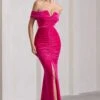 Divinity | Dark Pink Ruched Velvet Bardot Split Maxi Dress -ENY Clothing Shop WB CL132048112 DivinityDarkPinkRuchedVelvetBardotSplitMaxiDress2 dae5c1b5 1ecd 4174 b3e5 384082e29639