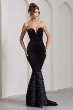 Whirling | Black Velvet Sweetheart Fishtail Maxi Dress With Flowers -ENY Clothing Shop WB CL132051002 WhirlingBlackVelvetSweetheartFishtailMaxiDressWithFlowers0