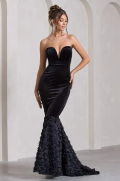 Whirling | Black Velvet Sweetheart Fishtail Maxi Dress With Flowers -ENY Clothing Shop WB CL132051002 WhirlingBlackVelvetSweetheartFishtailMaxiDressWithFlowers4