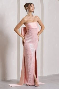 To You | Pink Sequin Bandeau Split Maxi Dress With Oversized Bow -ENY Clothing Shop WB CL132052114 ToYouPinkSequinBandeauSplitMaxiDressWithOversizedBow12